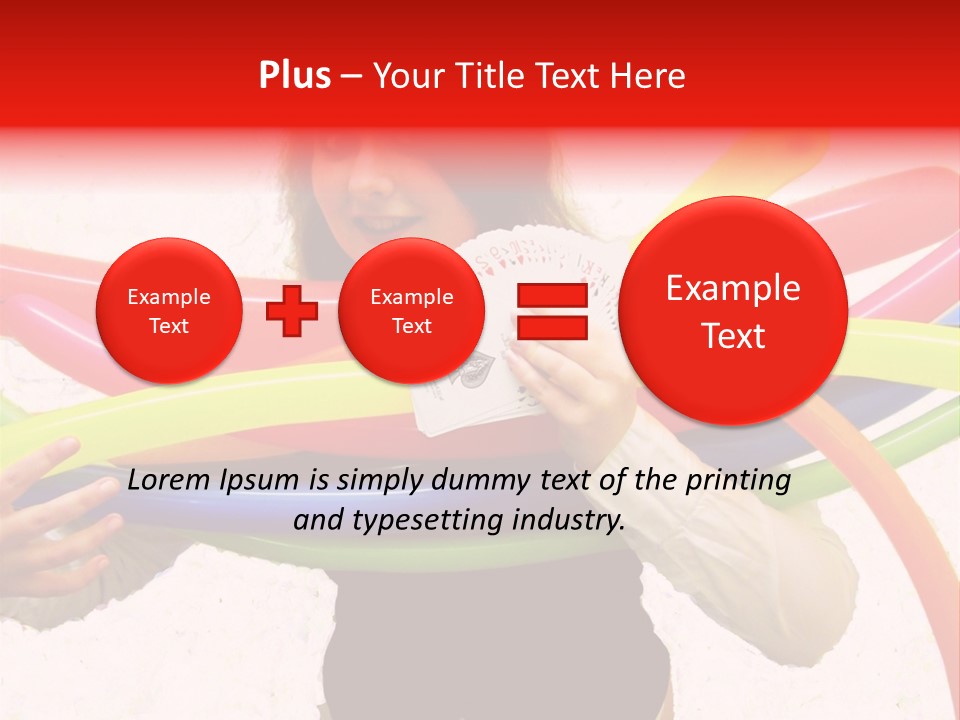 A Woman Holding Up A Stack Of Colorful Rings And Playing Cards PowerPoint Template