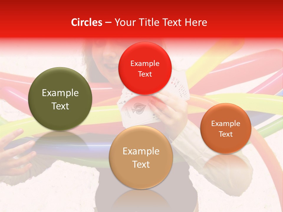 A Woman Holding Up A Stack Of Colorful Rings And Playing Cards PowerPoint Template