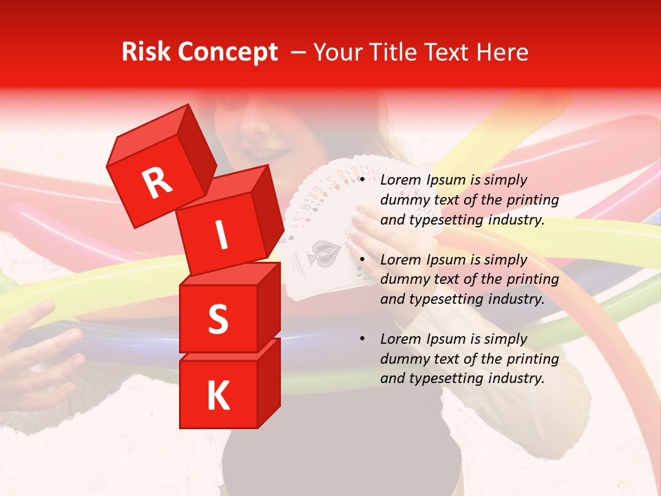 A Woman Holding Up A Stack Of Colorful Rings And Playing Cards PowerPoint Template