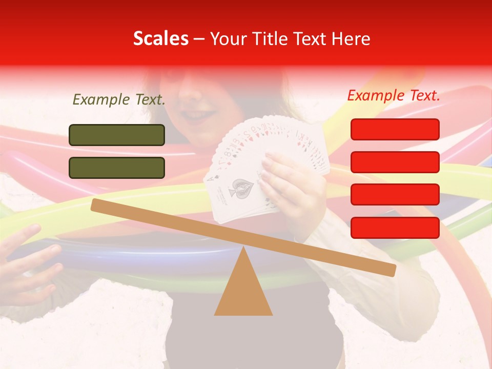 A Woman Holding Up A Stack Of Colorful Rings And Playing Cards PowerPoint Template