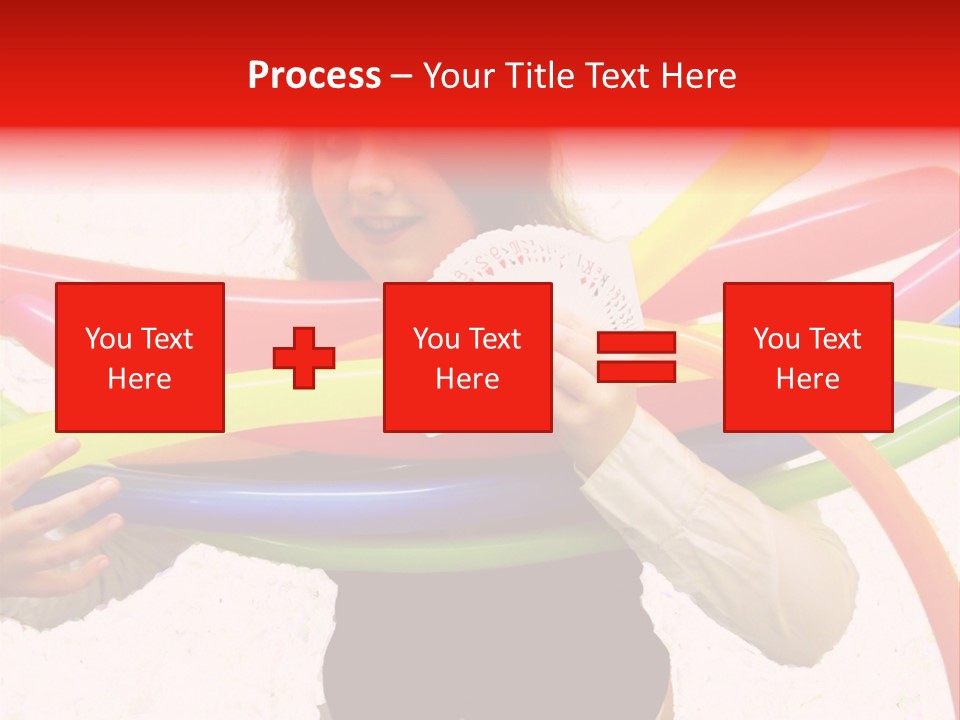 A Woman Holding Up A Stack Of Colorful Rings And Playing Cards PowerPoint Template