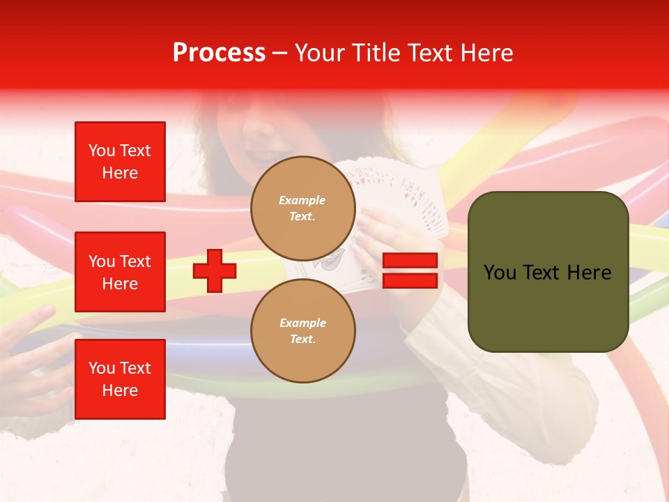 A Woman Holding Up A Stack Of Colorful Rings And Playing Cards PowerPoint Template