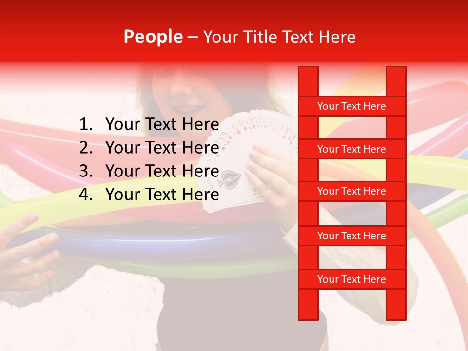 A Woman Holding Up A Stack Of Colorful Rings And Playing Cards PowerPoint Template