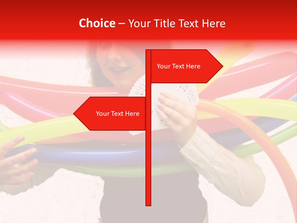 A Woman Holding Up A Stack Of Colorful Rings And Playing Cards PowerPoint Template