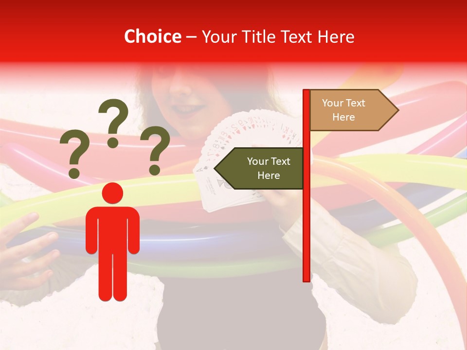 A Woman Holding Up A Stack Of Colorful Rings And Playing Cards PowerPoint Template