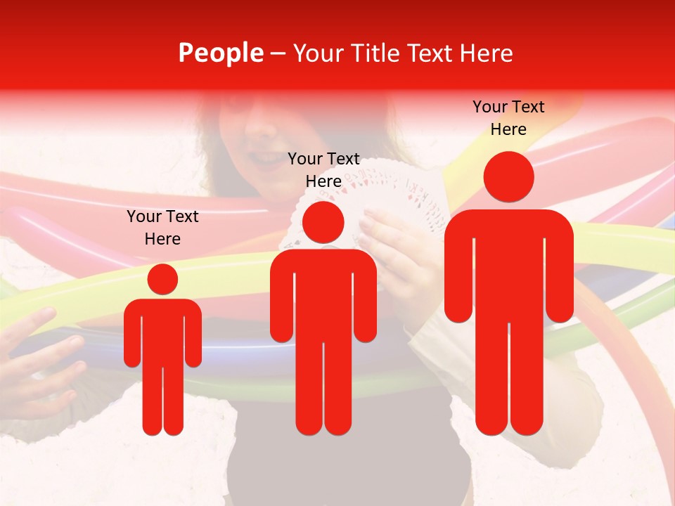 A Woman Holding Up A Stack Of Colorful Rings And Playing Cards PowerPoint Template