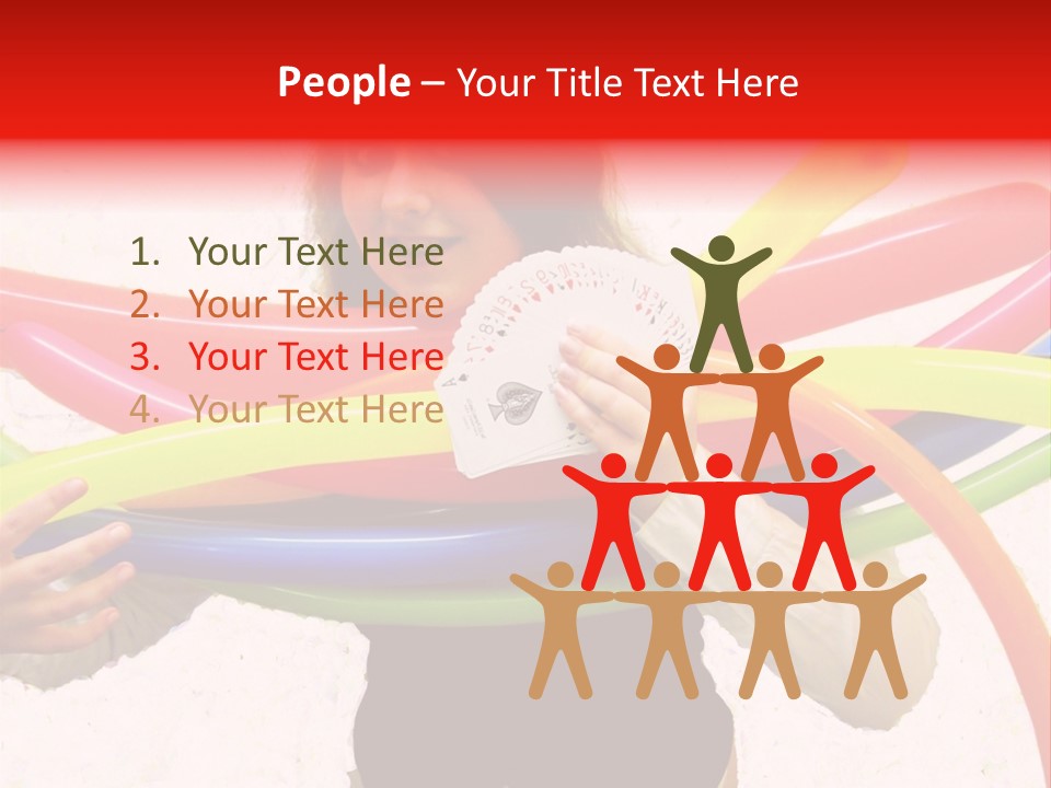 A Woman Holding Up A Stack Of Colorful Rings And Playing Cards PowerPoint Template