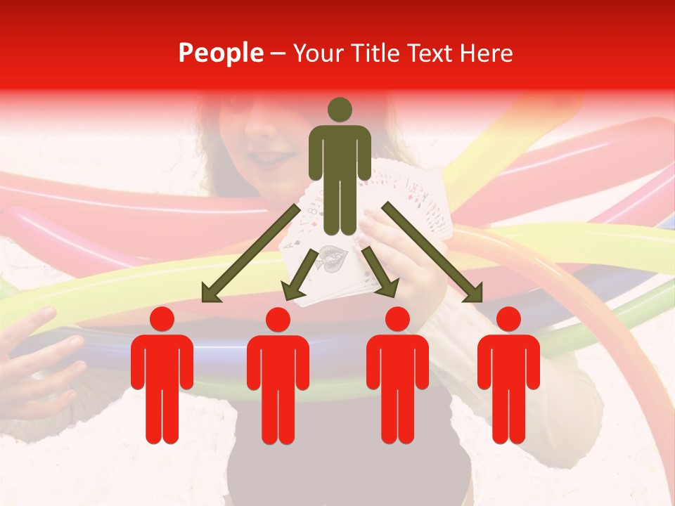 A Woman Holding Up A Stack Of Colorful Rings And Playing Cards PowerPoint Template