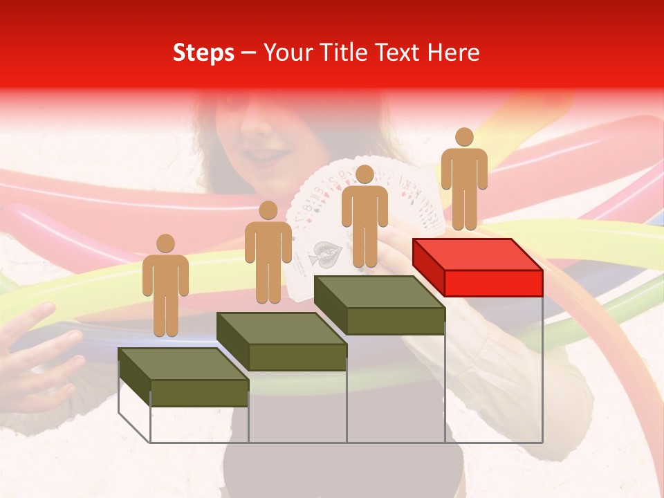 A Woman Holding Up A Stack Of Colorful Rings And Playing Cards PowerPoint Template