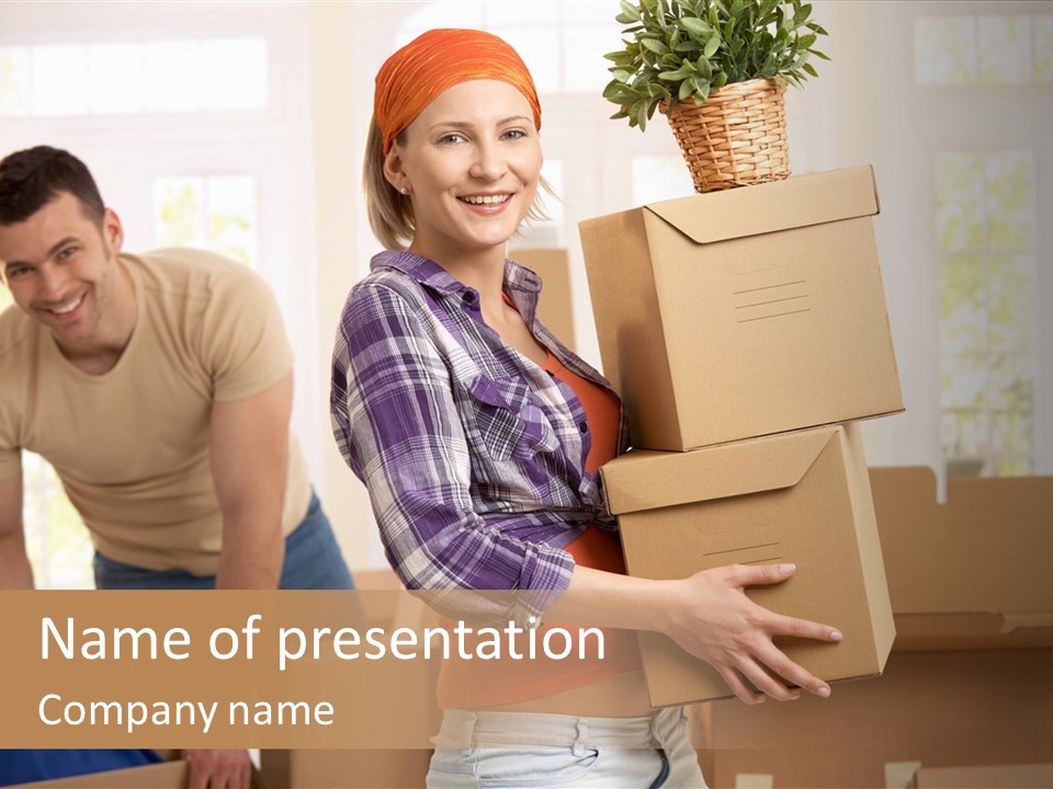 A Man And A Woman Carrying Boxes In A Room PowerPoint Template