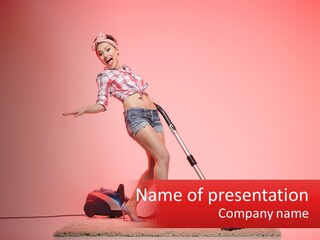 A Woman With A Vacuum In A Pink Room PowerPoint Template