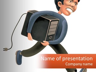 A Cartoon Man Running With A Computer On His Back PowerPoint Template