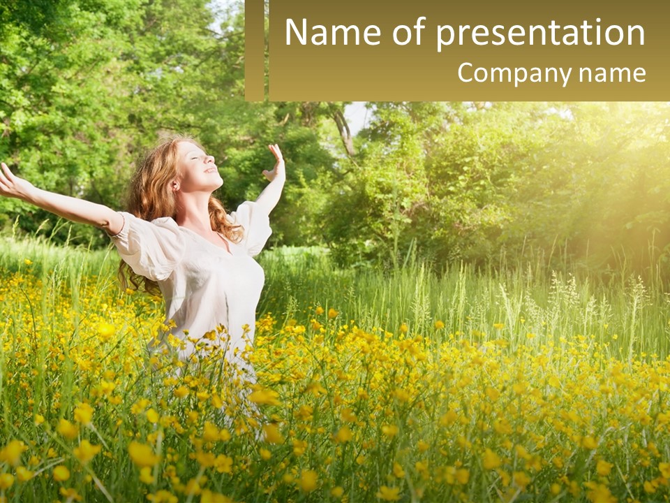 A Woman Standing In A Field With Her Arms Outstretched PowerPoint Template