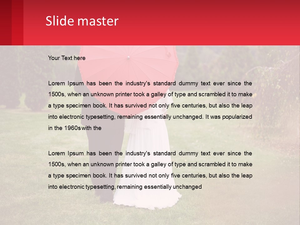 A Bride And Groom Holding A Red Umbrella PowerPoint Template