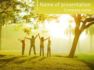 A Group Of People Standing Under A Tree With Their Arms In The Air PowerPoint Template