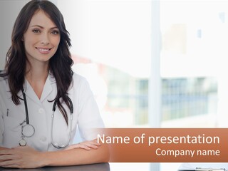 A Woman Doctor Sitting At A Desk With Her Arms Crossed PowerPoint Template