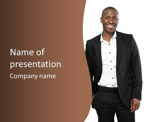 A Man In A Suit Standing In Front Of A Brown Background PowerPoint Template