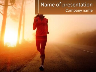 A Woman Running Down A Road With The Sun Setting In The Background PowerPoint Template