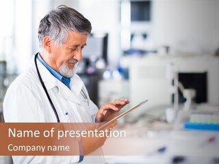 A Man In A White Lab Coat Holding A Clipboard PowerPoint Template