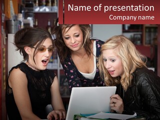 Three Young Women Looking At A Laptop Screen PowerPoint Template