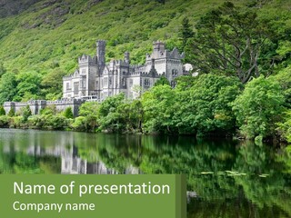 A Castle In The Middle Of A Lake Surrounded By Trees PowerPoint Template