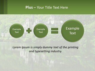 A Castle In The Middle Of A Lake Surrounded By Trees PowerPoint Template