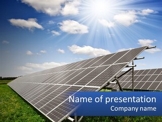 A Row Of Solar Panels On A Sunny Day PowerPoint Template