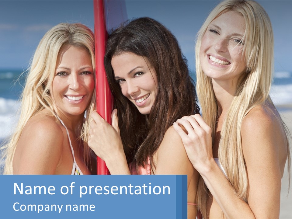 Three Beautiful Women Standing Next To Each Other On The Beach PowerPoint Template