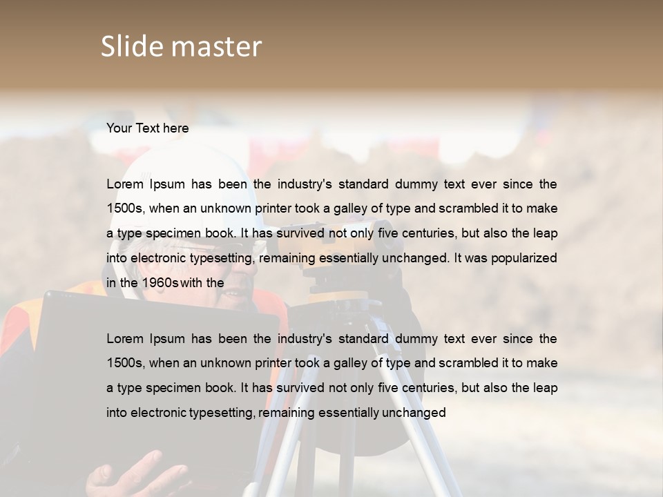 A Man In A Hard Hat Is Looking At Something On A Tripod PowerPoint Template