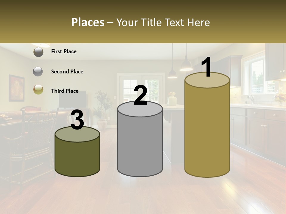 A Living Room And Kitchen With A Table And Chairs PowerPoint Template