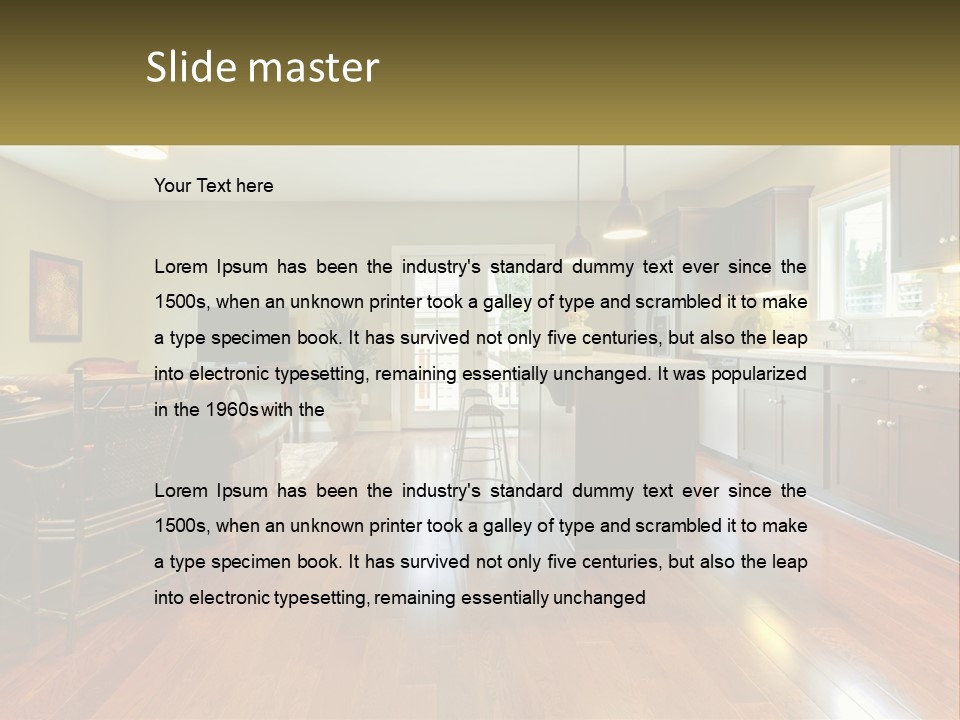 A Living Room And Kitchen With A Table And Chairs PowerPoint Template