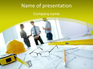 A Group Of People Standing Around A Table With Blueprint PowerPoint Template