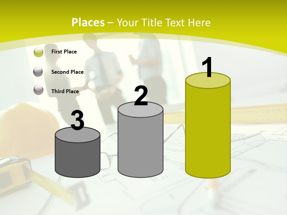 A Group Of People Standing Around A Table With Blueprint PowerPoint Template