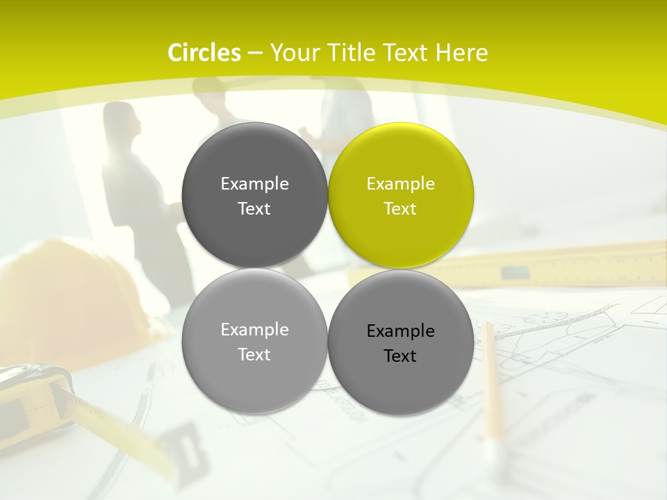 A Group Of People Standing Around A Table With Blueprint PowerPoint Template