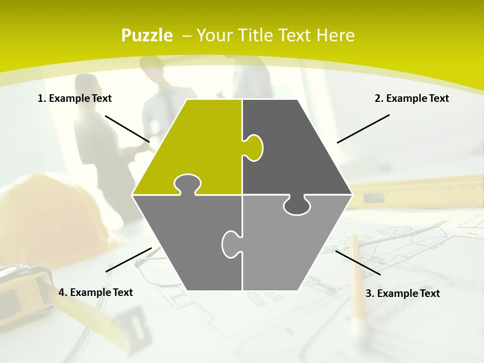 A Group Of People Standing Around A Table With Blueprint PowerPoint Template
