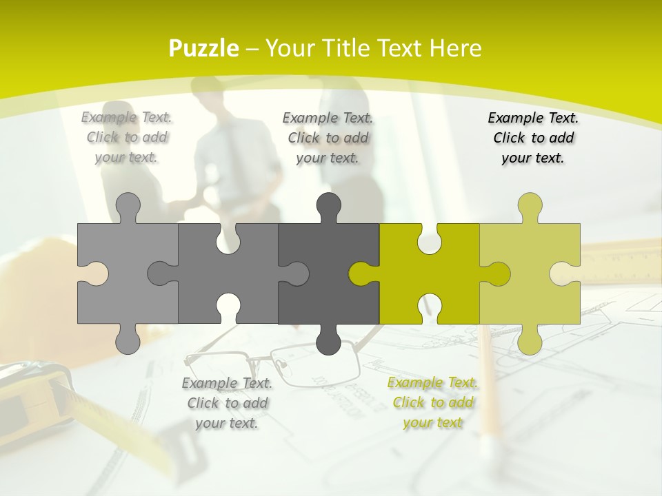 A Group Of People Standing Around A Table With Blueprint PowerPoint Template