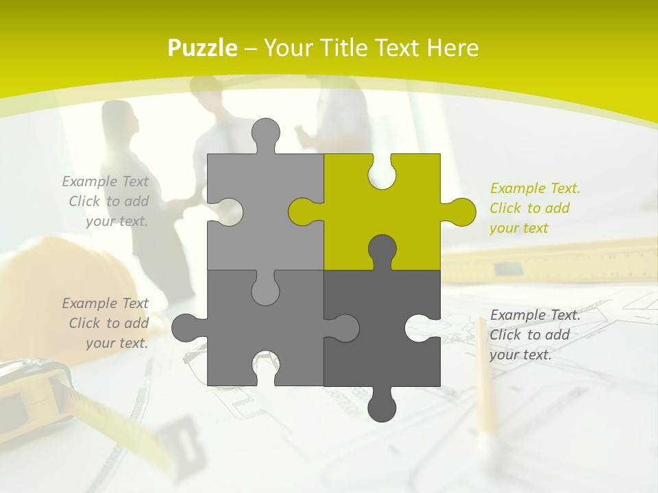 A Group Of People Standing Around A Table With Blueprint PowerPoint Template