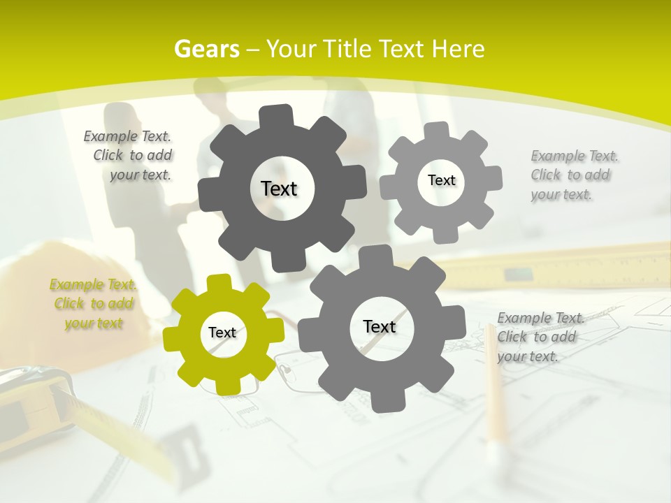 A Group Of People Standing Around A Table With Blueprint PowerPoint Template