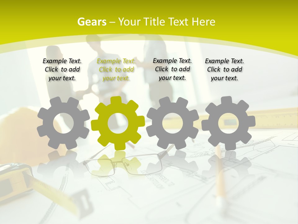 A Group Of People Standing Around A Table With Blueprint PowerPoint Template