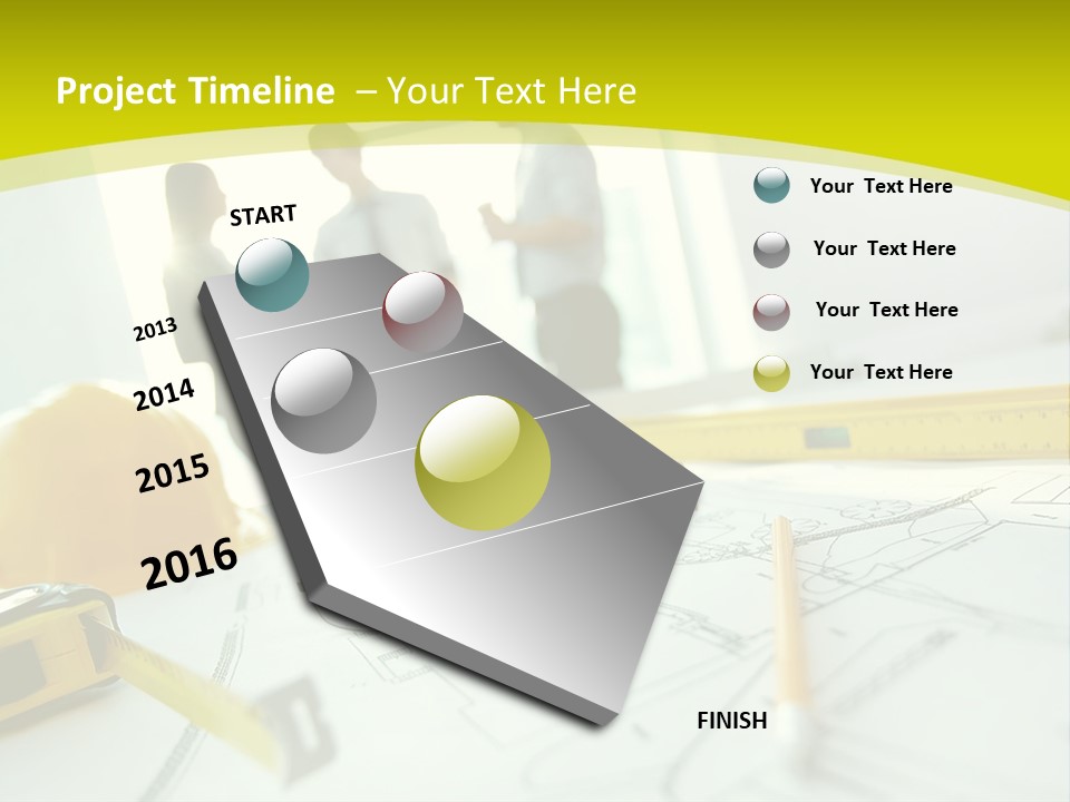 A Group Of People Standing Around A Table With Blueprint PowerPoint Template