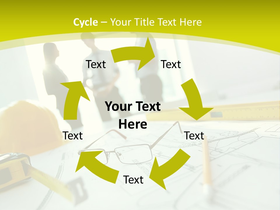 A Group Of People Standing Around A Table With Blueprint PowerPoint Template