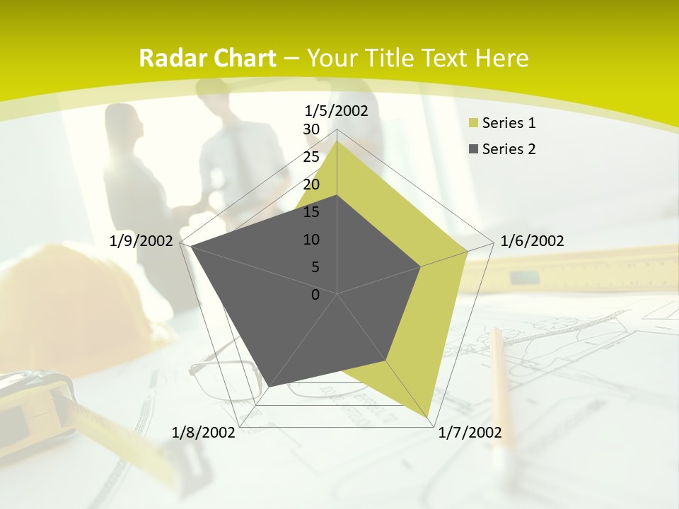A Group Of People Standing Around A Table With Blueprint PowerPoint Template