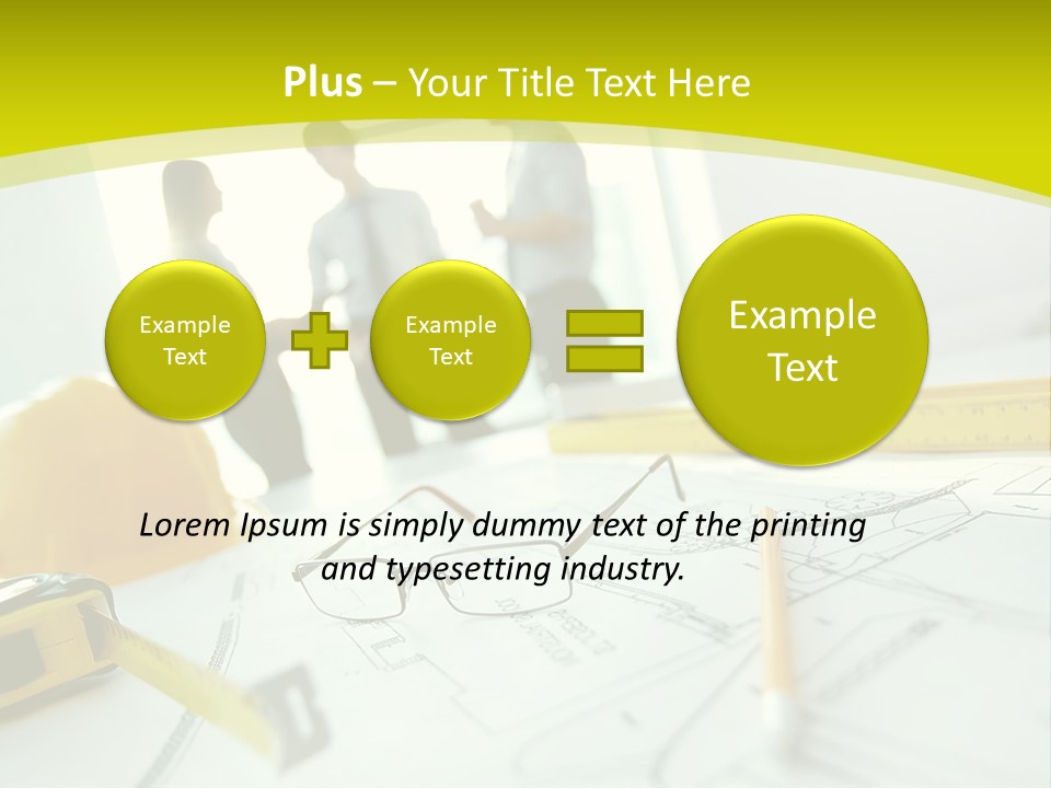 A Group Of People Standing Around A Table With Blueprint PowerPoint Template