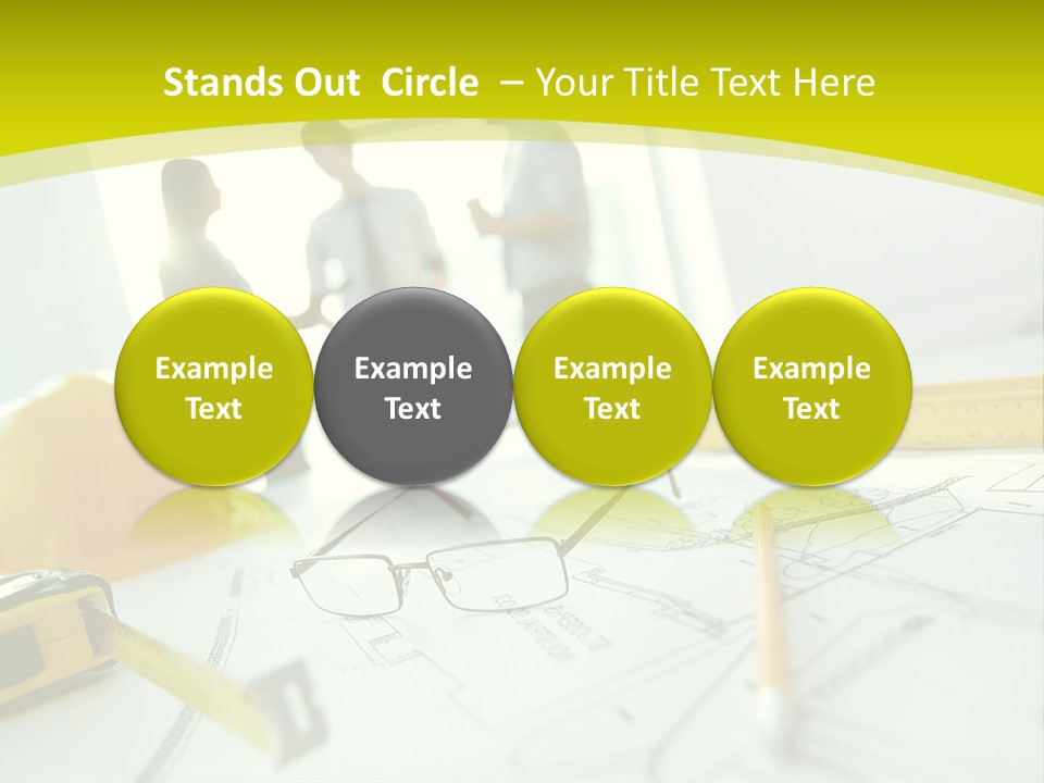 A Group Of People Standing Around A Table With Blueprint PowerPoint Template