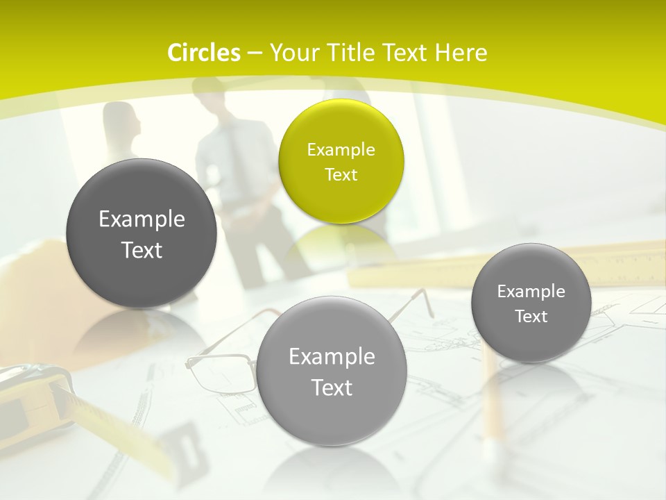 A Group Of People Standing Around A Table With Blueprint PowerPoint Template