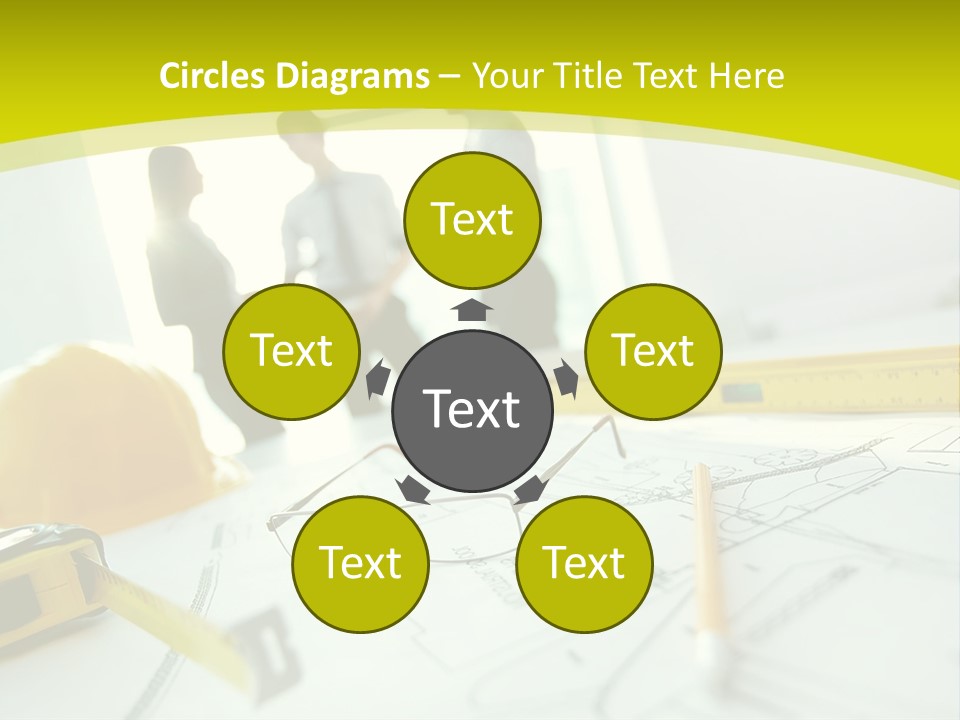 A Group Of People Standing Around A Table With Blueprint PowerPoint Template