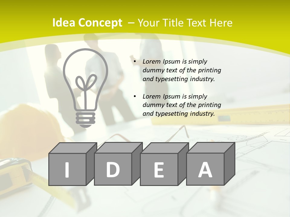 A Group Of People Standing Around A Table With Blueprint PowerPoint Template