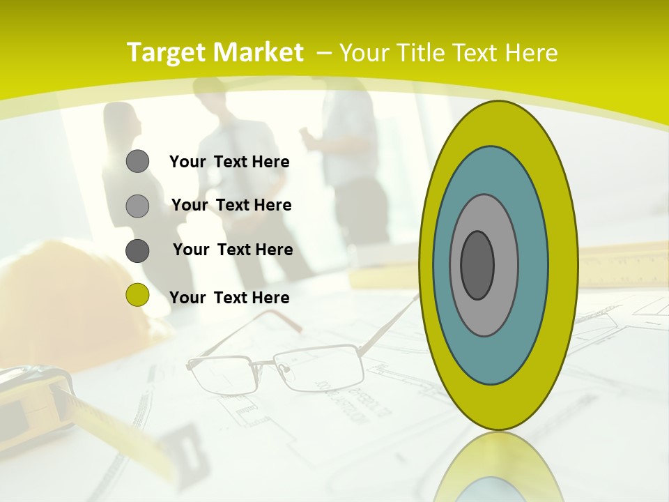 A Group Of People Standing Around A Table With Blueprint PowerPoint Template