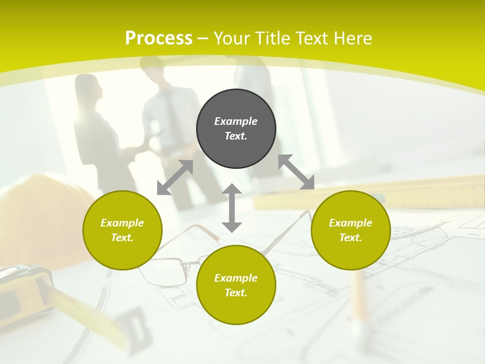 A Group Of People Standing Around A Table With Blueprint PowerPoint Template