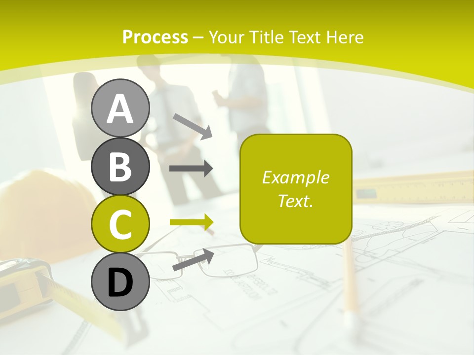 A Group Of People Standing Around A Table With Blueprint PowerPoint Template